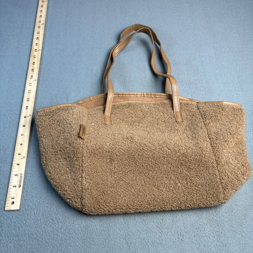 Neiman Marcus Faux Shearling Sherpa Tote Bag Camel Tan Brown Shoulder Bag